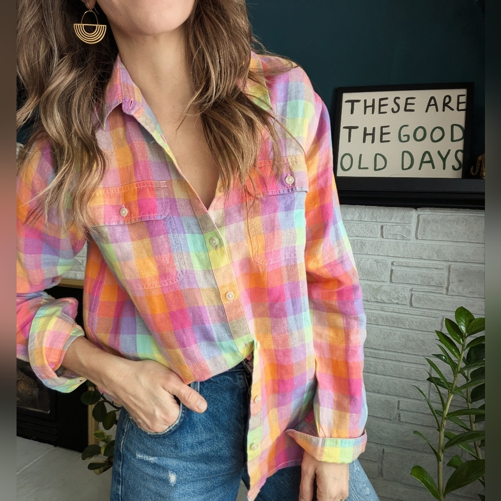 Land's End linen multi gingham check shirt Medium